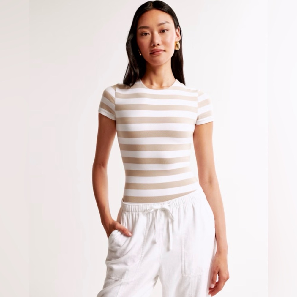 Abercrombie & Fitch Striped Ribbed Short-Sleeve Bodysuit - Cream/White
